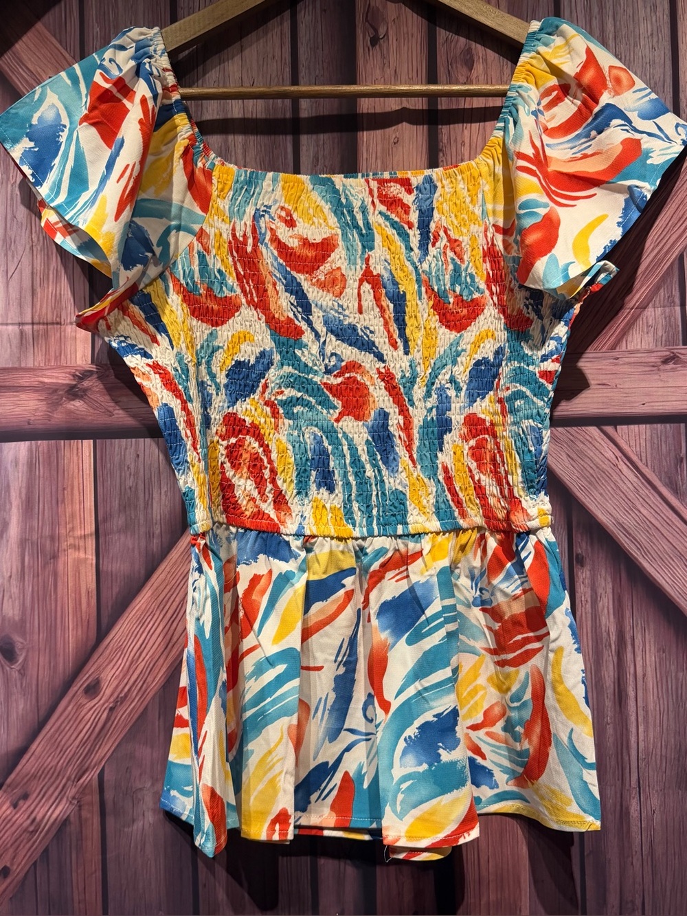 Colorful Abstract Smocked Peplum Top - Red, Blue & Yellow Brand New with 🏷️tags